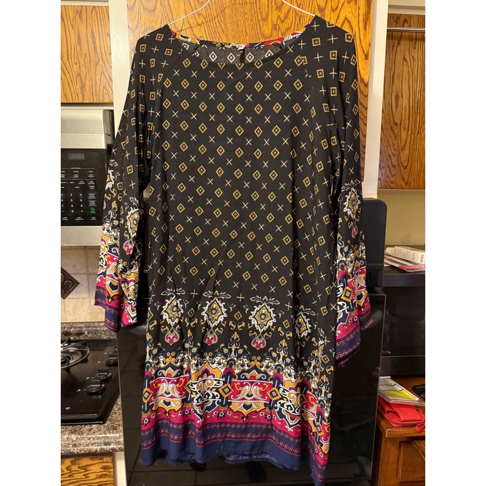 Boho Geometric Medallion Print‎ Shift Dress Long Bell Sleeve Black Gold Womens L